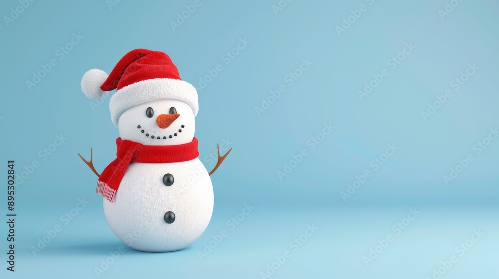 A snowman with a red scarf and a red hat is standing on a blue background A snowman with a red scarf and a red hat is standing on a blue background