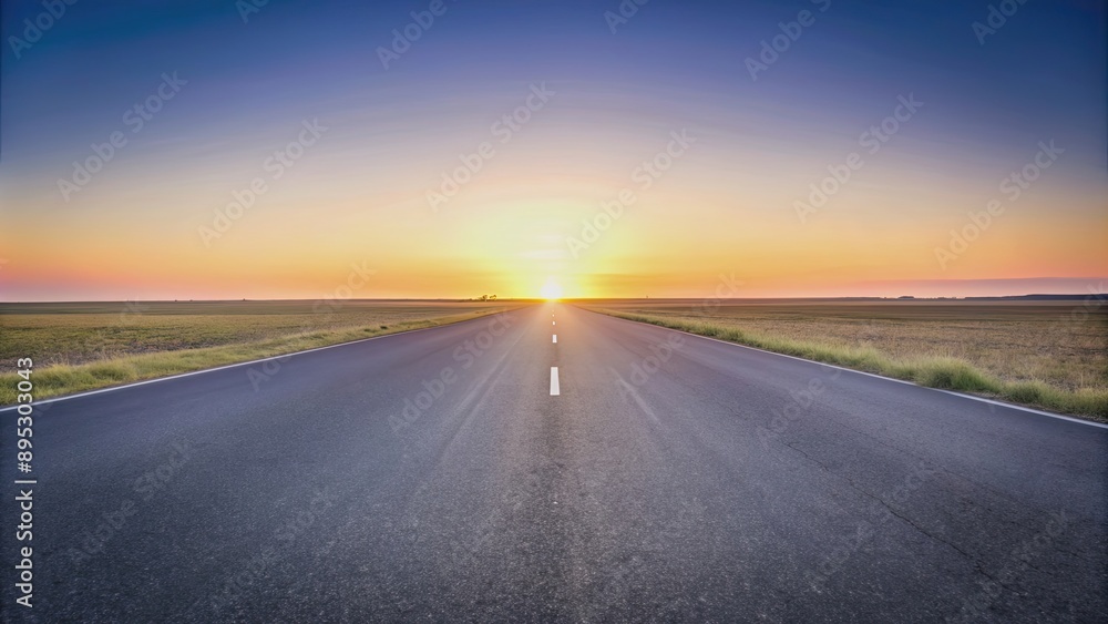 Fototapeta premium Panoramic view of asphalt road in steppe landscape at sunset, sunset, steppe, road, panoramic view, asphalt, landscape