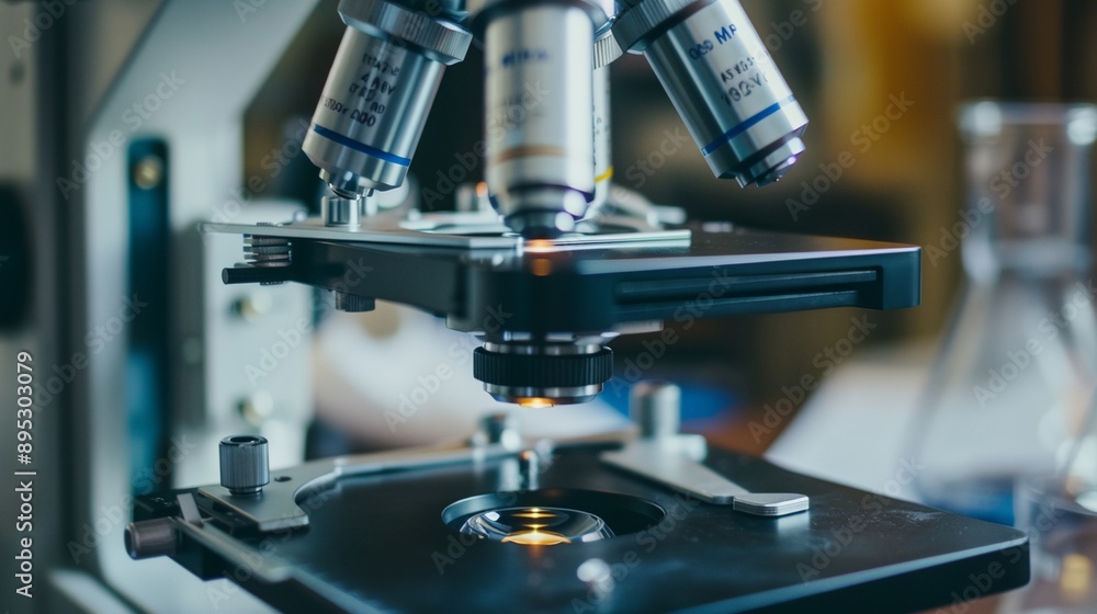 a microscope and a flask of liquid a microscope and a flask of liquid