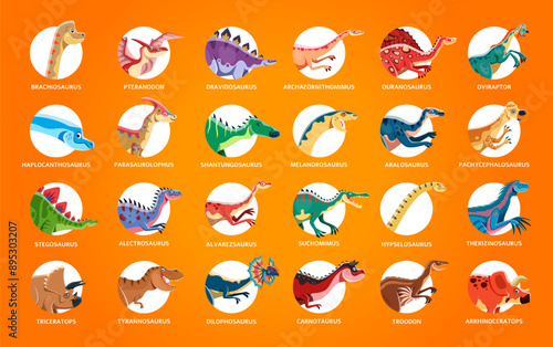 Prehistoric dinosaurs isolated round icons. Vector set of prehistoric dino species each labeled with its name in white circles. Ancient Jurassic or Mesozoic era herbivore and carnivore reptile animals