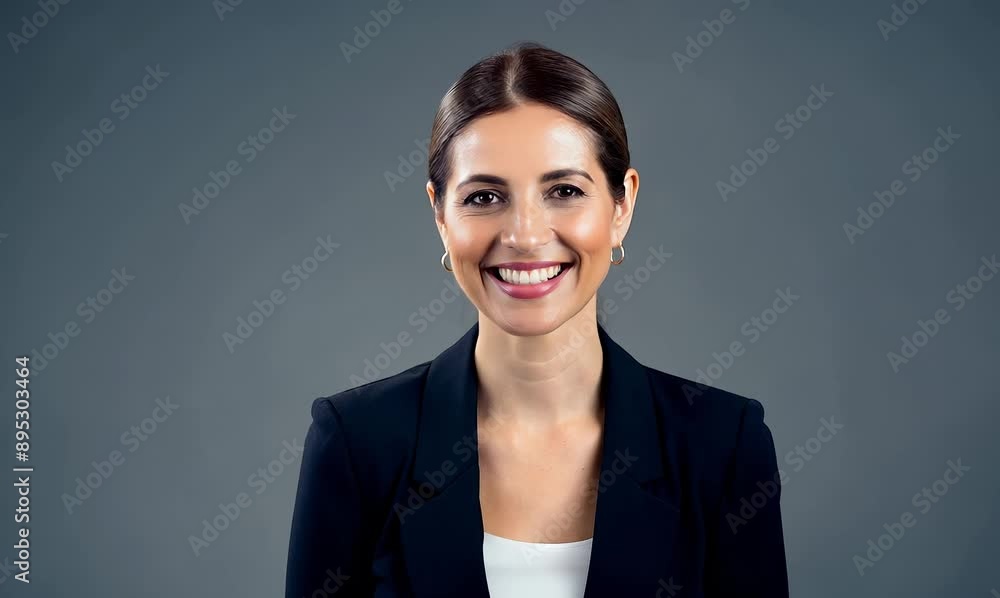 Portrait of a happy businesswoman smiling at camera against grey background Portrait of a happy businesswoman smiling at camera against grey background