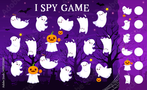 Halloween I spy game worksheet with flying kawaii ghost characters, vector puzzle. Kids quiz with funny ghost monsters and little boo poltergeist flying on cemetery for I spy or find and match game