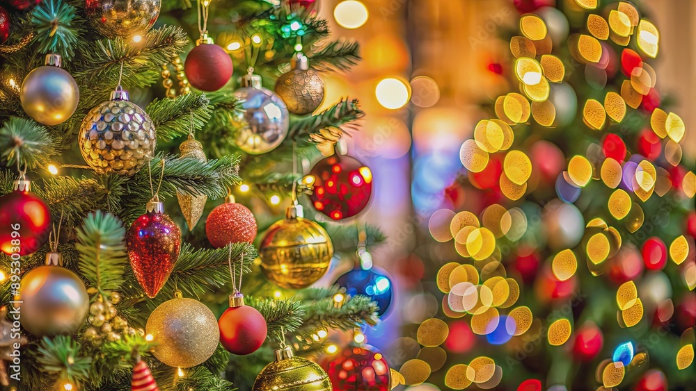 Defocused Christmas tree adorned with a variety of decorations , festive, holiday, bokeh, blurry, ornaments, lights, colorful Defocused Christmas tree adorned with a variety of decorations , festive, holiday, bokeh, blurry, ornaments, lights, colorful