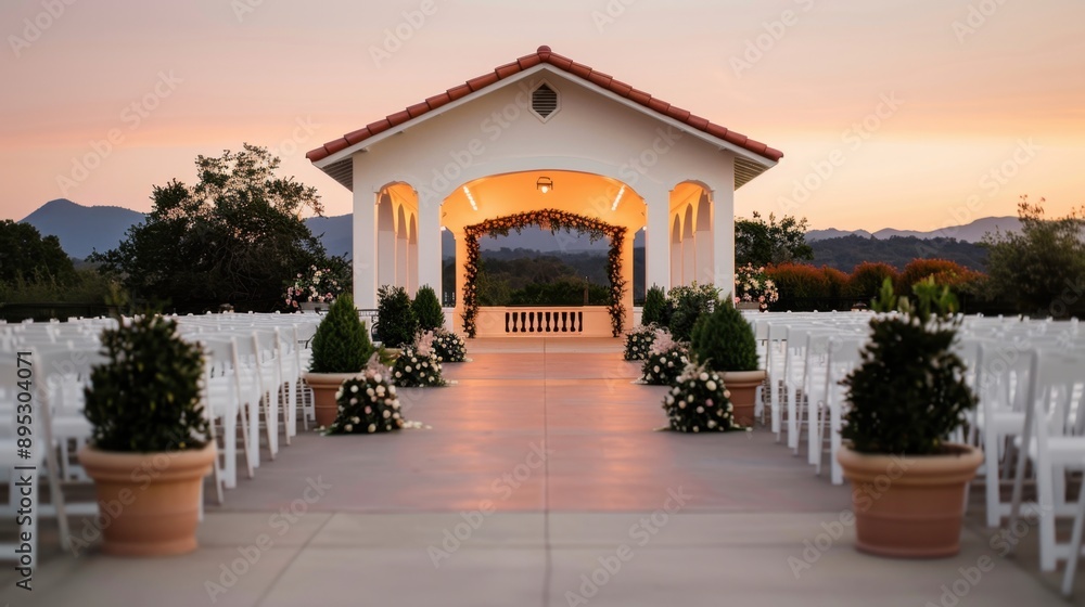Fototapeta premium Elegant wedding venue featuring a stunning arch, bathed in warm sunset light, creating a romantic atmosphere with ample space for personalized text and rich background detail.