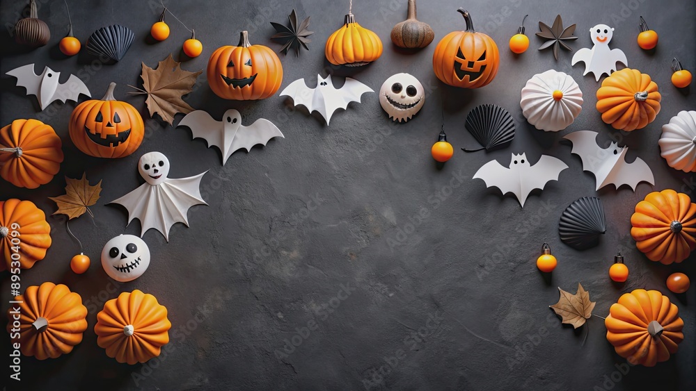 Spooky Halloween paper craft decorations with pumpkins, ghosts, and bats on a black background , Halloween, paper craft, pumpkins Spooky Halloween paper craft decorations with pumpkins, ghosts, and bats on a black background , Halloween, paper craft, pumpkins