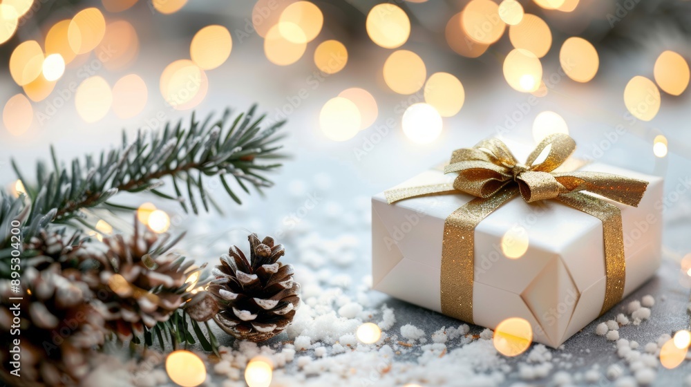 A white box with gold ribbon sits on a snowy surface next to pine cones A white box with gold ribbon sits on a snowy surface next to pine cones