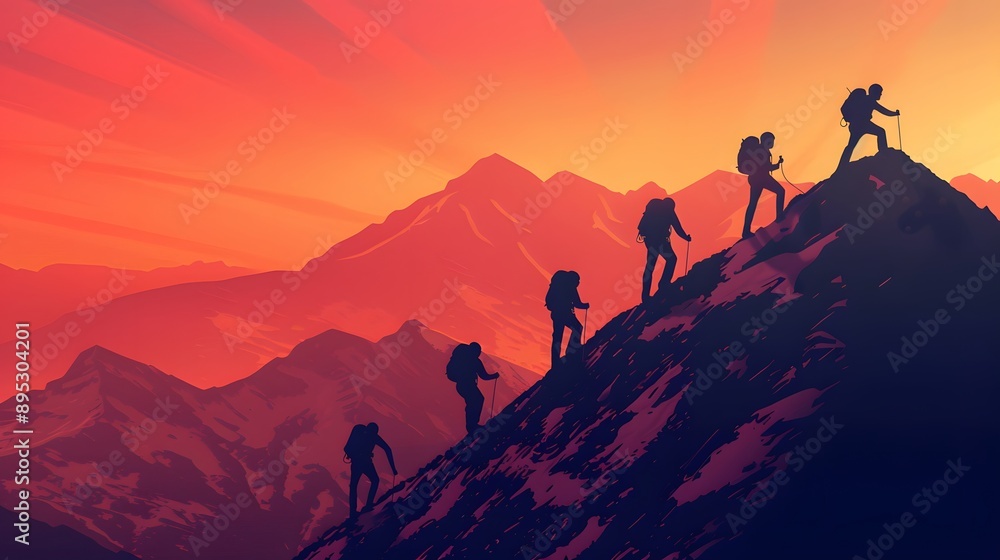 Fototapeta premium Business team success concept.silhouette of business man on peak mountain climbing helping on sunset background teamwork. 