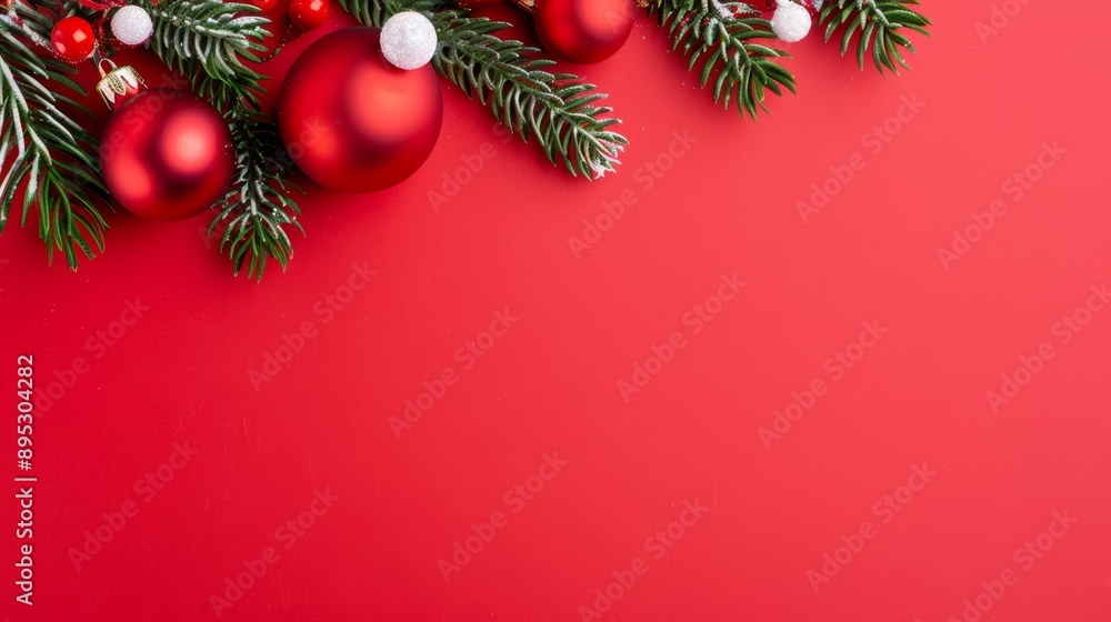 A red background with bunch of red and white Christmas ornaments A red background with bunch of red and white Christmas ornaments
