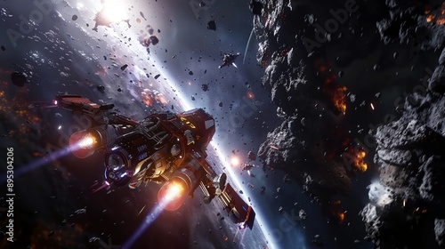 Fototapeta Naklejka Na Ścianę i Meble -  a space ship in a space with a lot of debris around it