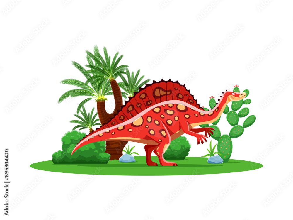 Fototapeta premium Cartoon dinosaur, prehistoric dino character, Ouranosaurus in jungle forest, vector Jurassic era. Prehistoric dinosaur character of Ouranosaurus dino with funny face for prehistory lizard and reptile