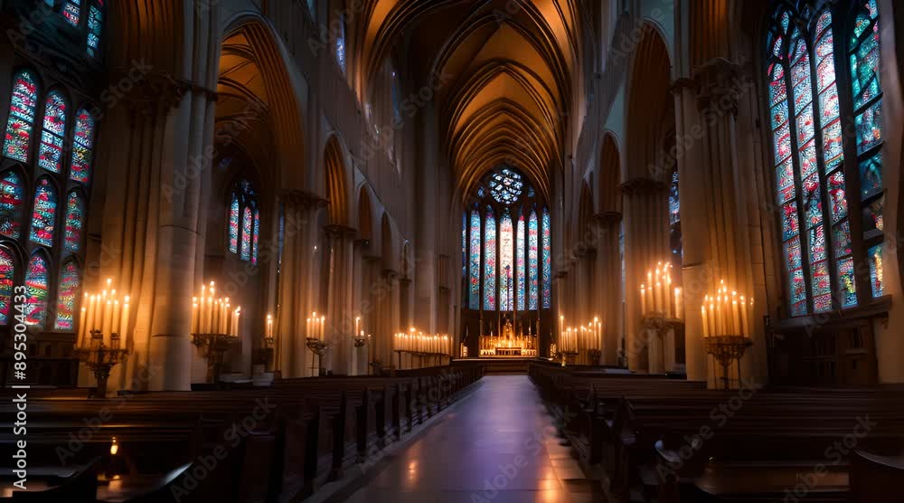 Walking inside of a gothic cathedral, with towering stained glass windows casting colorful light, tall stone arches reaching up high Walking inside of a gothic cathedral, with towering stained glass windows casting colorful light, tall stone arches reaching up high