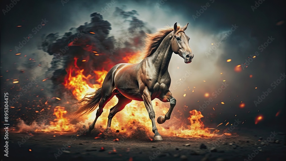A dramatic image of a horse running through a blazing fire, horse, fire, danger, intensity, wild, flames, powerful, bravery A dramatic image of a horse running through a blazing fire, horse, fire, danger, intensity, wild, flames, powerful, bravery