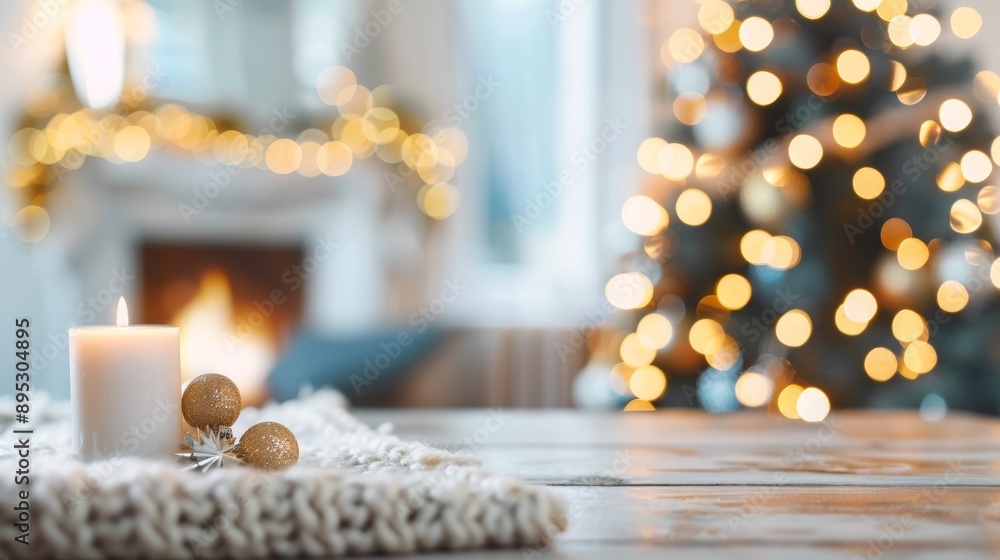 A candle is lit on a table next to a Christmas tree A candle is lit on a table next to a Christmas tree