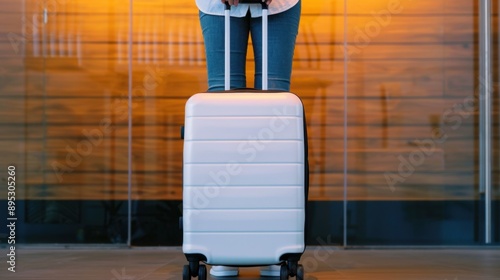 Business Traveler at International Hotel Check-In, showcasing professionalism and organization, with a suitcase in hand, ample space for text, vibrant atmosphere, engaging front view.