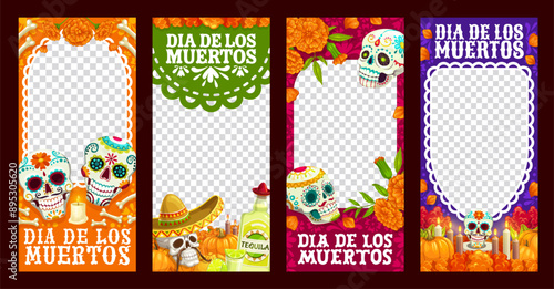 Day of the dead holiday social media template. Vector dia de los muertos mexican vertical empty frames with calavera sugar skulls, marigold flowers, candles and bones to celebrate culture of Mexico