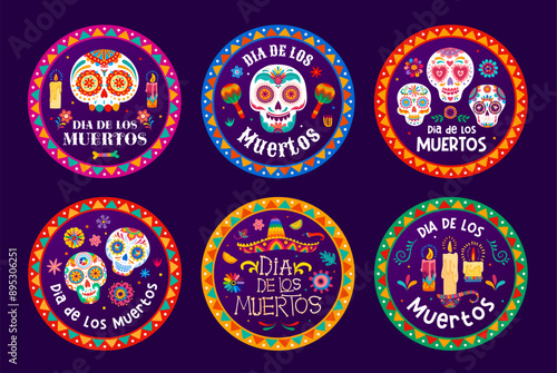 Day of the dead labels with sugar calavera skulls, dia de los muertos Mexican holiday badges with cartoon vector human calaca heads, burning candles and flowers. Creative round greeting stickers