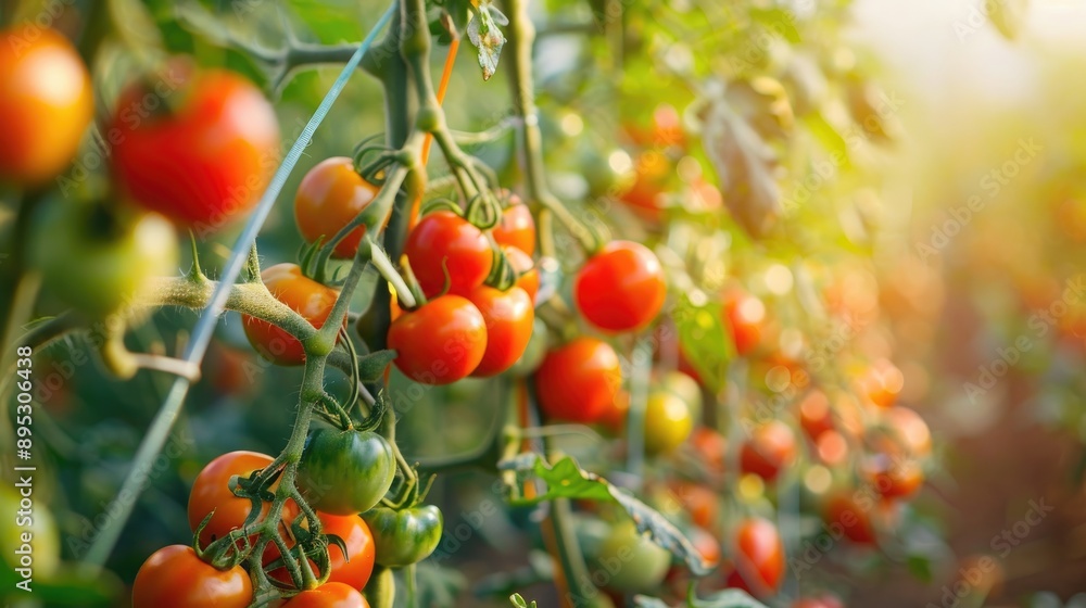 Selective focus background with tomatoes grown on a farm Selective focus background with tomatoes grown on a farm