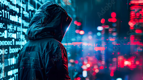Silhouette of a cyber attacker or hacker standing in a dark futuristic city landscape with a glowing matrix code background