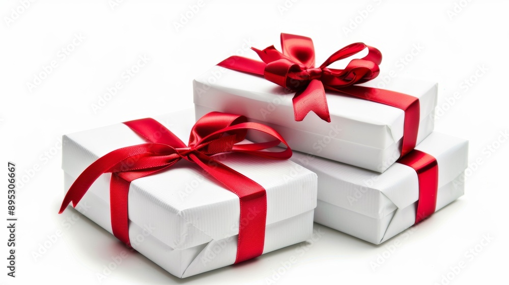 Fototapeta premium Three white boxes with red ribbons tied to them