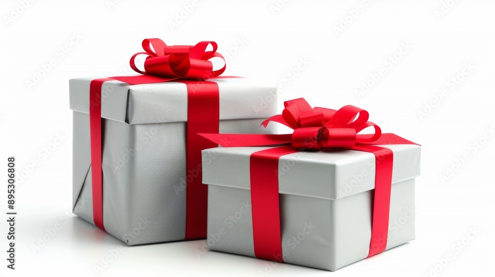 Obraz premium Two silver boxes with red bows on top