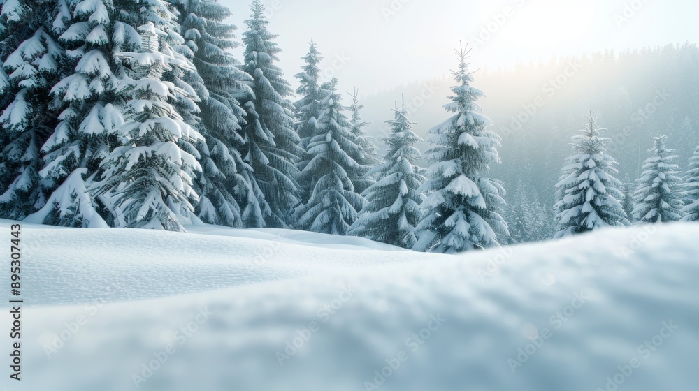 A snowy landscape with pine trees and a clear blue sky A snowy landscape with pine trees and a clear blue sky