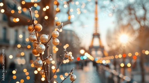 The image showcases decorative holiday lights on tree branches, with the iconic Eiffel Tower illuminated in the background, creating a festive atmosphere in the evening.