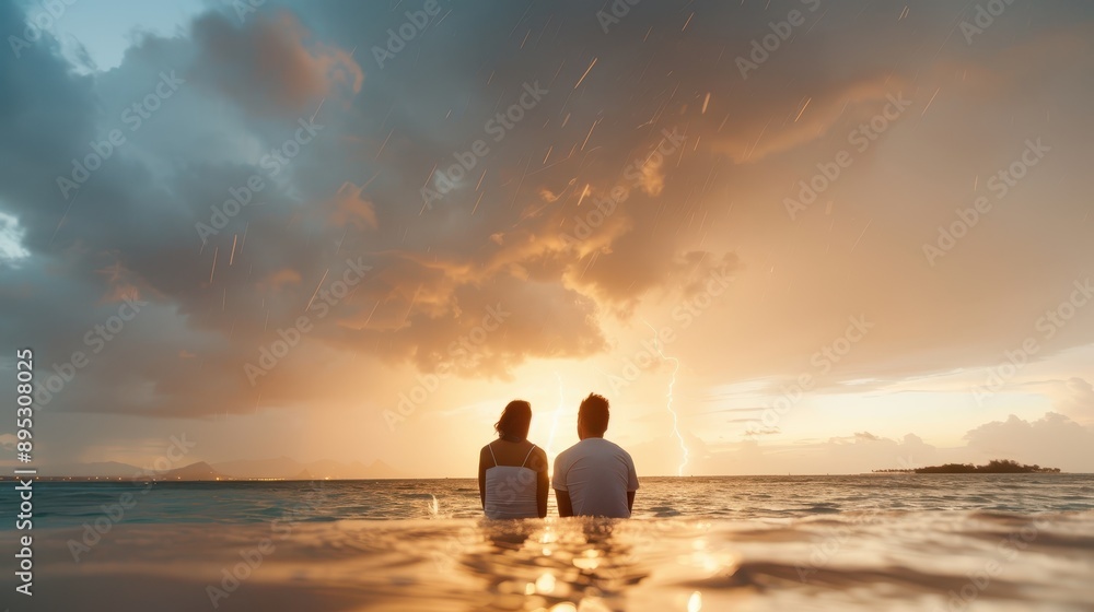 Two people sit together in the shallow waters of the ocean, watching a ...