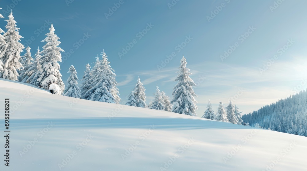 A snowy hillside with trees and a clear blue sky A snowy hillside with trees and a clear blue sky