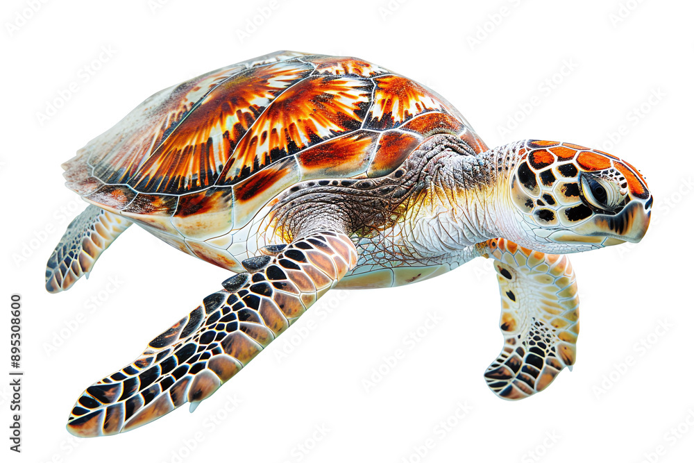 Fototapeta premium Sea Turtle Swimming: An exotic sea turtle in mid-swim against a white background.
