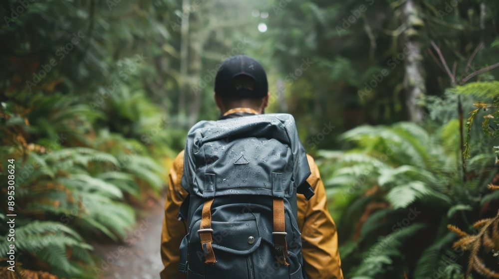 Individual walking through a dense and vibrant forest path, wearing a backpack and a cap, suggesting an adventurous journey amidst the lush greenery and natural scenery. Individual walking through a dense and vibrant forest path, wearing a backpack and a cap, suggesting an adventurous journey amidst the lush greenery and natural scenery.