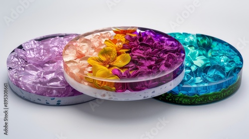 Artistic resin coaster set, layered epoxy with floral patterns, perfectly even finish, vibrant colors, detailed and polished, handmade craftsmanship