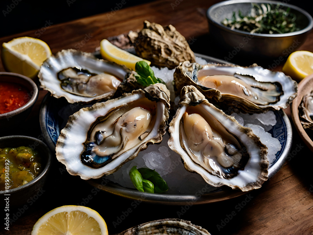 A selection of oysters from around the world, elegantly displayed with informative labels and pairing suggestions. A selection of oysters from around the world, elegantly displayed with informative labels and pairing suggestions.
