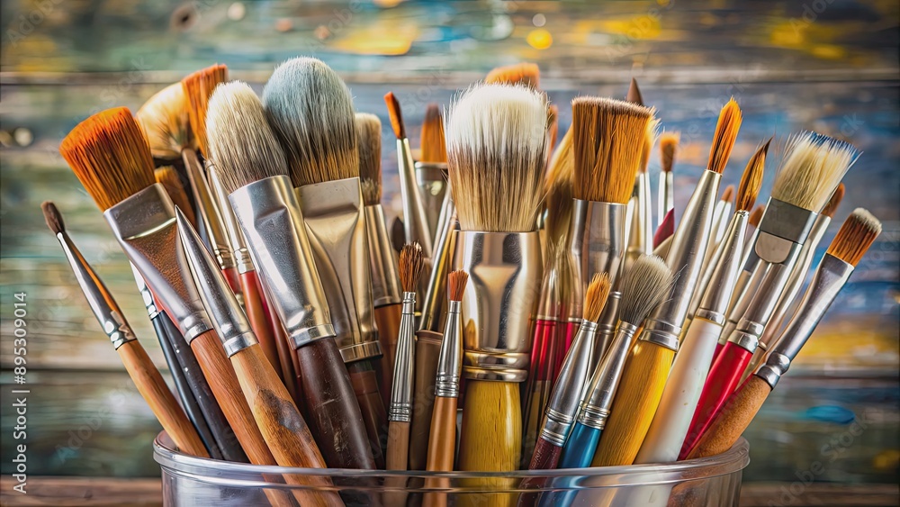 Fototapeta premium An assortment of captivating paint brushes in various sizes and shapes in a container, paint brushes, assorted, sizes, shapes