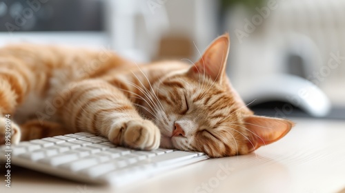 In this heartwarming image, a ginger cat is comfortably napping on a white computer keyboard, adding a touch of warmth and charm to the modern workspace setting.