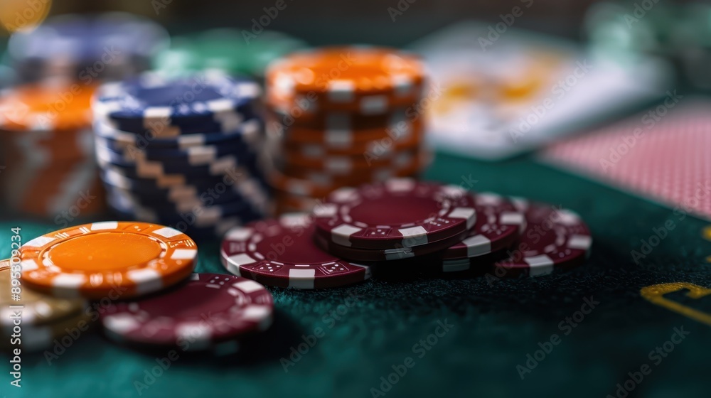 Stacks of poker chips in various colors arranged neatly on a green casino table, with a partial view of playing cards, depicting the thrill of gambling. Stacks of poker chips in various colors arranged neatly on a green casino table, with a partial view of playing cards, depicting the thrill of gambling.
