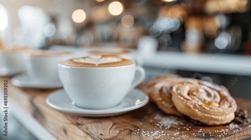 A close-up shot capturing a cappuccino with latte art and a freshly baked pastry, placed on a wooden counter in a cozy coffee shop with a blurred background of lights. A close-up shot capturing a cappuccino with latte art and a freshly baked pastry, placed on a wooden counter in a cozy coffee shop with a blurred background of lights.
