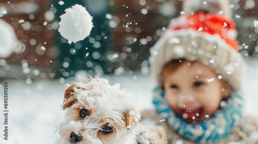 A cozy image capturing a playful dog standing next to a child in a winter wonderland, both enjoying the frosty snow during a cheerful winter day with falling snowflakes. A cozy image capturing a playful dog standing next to a child in a winter wonderland, both enjoying the frosty snow during a cheerful winter day with falling snowflakes.