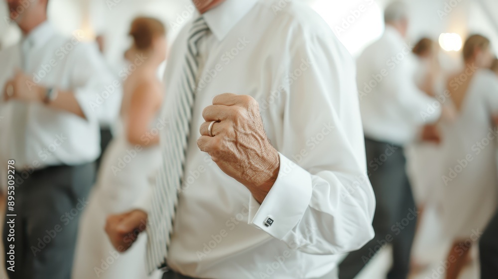 Obraz premium An elegant event with people dancing, focusing on the hand of an older gentleman enjoying the moment. The setting is sophisticated and filled with joyful celebration.