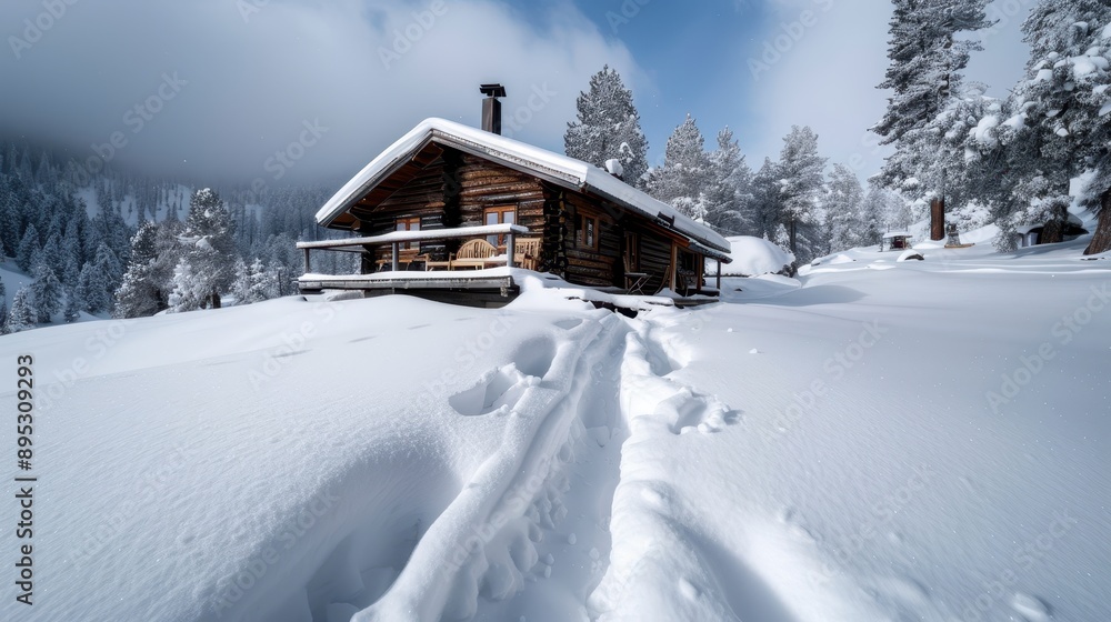 A rustic cabin situated in snowy woods, featuring a wooden deck and a chimney. The serene winter setting and footprints in the snow lead to a warm, inviting cabin. A rustic cabin situated in snowy woods, featuring a wooden deck and a chimney. The serene winter setting and footprints in the snow lead to a warm, inviting cabin.