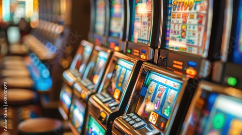 A vibrant row of slot machines in a casino, each with bright and colorful displays, enticing players to try their luck and experience the thrill of gambling.