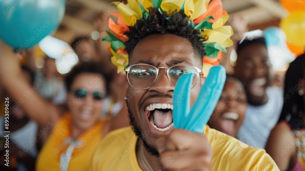 A man with glasses wearing a colorful headband is cheerfully shouting and celebrating in a festive crowd, conveying excitement and enthusiasm during a lively event. A man with glasses wearing a colorful headband is cheerfully shouting and celebrating in a festive crowd, conveying excitement and enthusiasm during a lively event.