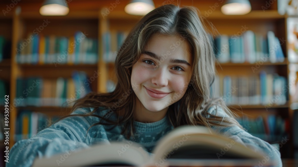 A girl sitting in a quiet library environment, engrossed in her favorite book A girl sitting in a quiet library environment, engrossed in her favorite book