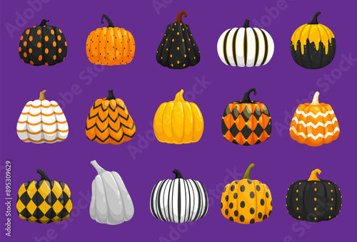 Halloween painted pumpkins with holiday ornament pattern for horror night vector decoration. Halloween spooky holiday different pumpkins with orange dots, white stripes and black waves ornament
