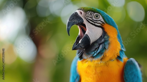 Wallpaper Mural A colorful parrot with vibrant feathers is calling out, set against a blurry green background, symbolizing the beauty and vibrancy of tropical wildlife. Torontodigital.ca