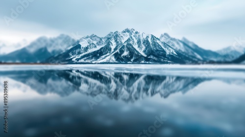 Wallpaper Mural A breathtaking view of a snow-covered mountain range reflected perfectly in the calm, still waters of a lake, creating a serene and symmetrical natural scene. Torontodigital.ca