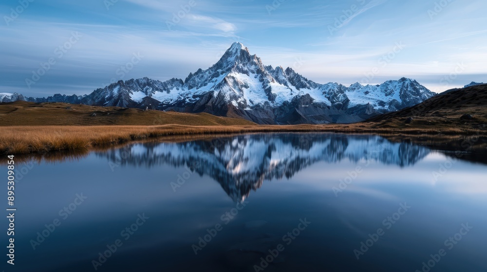 A breathtaking view of a majestic, snow-capped mountain perfectly reflected in a calm lake, with vast open fields in the foreground and clear sky above.