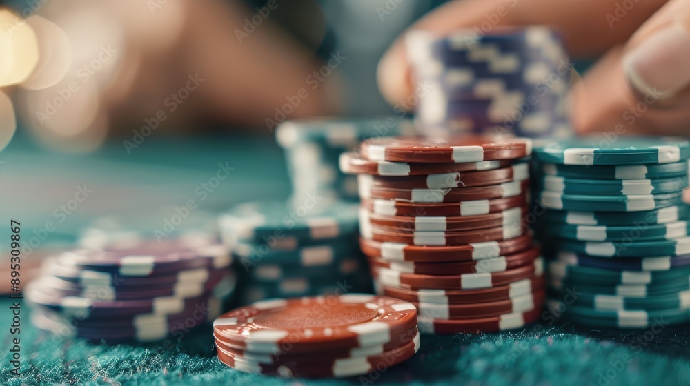 Close-up view of neatly stacked poker chips in various colors on a gambling table, capturing the essence of high-stakes gaming and the thrill of chance. Close-up view of neatly stacked poker chips in various colors on a gambling table, capturing the essence of high-stakes gaming and the thrill of chance.