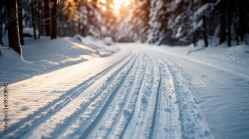 A tranquil snow-covered pathway winding through a serene winter forest, capturing the calm atmosphere, peaceful beauty, and untouched wilderness of nature in winter.