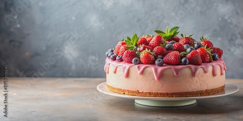 Cake with pink frosting and fresh berries on top, cake, pink, frosting, berries, sweet, dessert, delicious