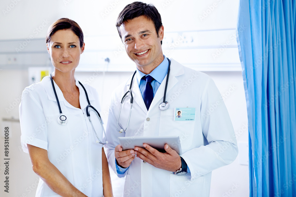 Doctors, portrait and tablet for consulting support on clinic website, update and review medicine. Staff, assistance and medical collaboration for treatment or diagnosis, surgery schedule and team Doctors, portrait and tablet for consulting support on clinic website, update and review medicine. Staff, assistance and medical collaboration for treatment or diagnosis, surgery schedule and team